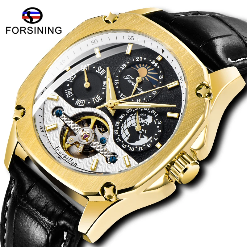 

Luxury Brand FORSINING Mechanical Automatic Watches Auto Date Mens Tourbillon Watch Leather Strap Big Dial Skeleton Clock
