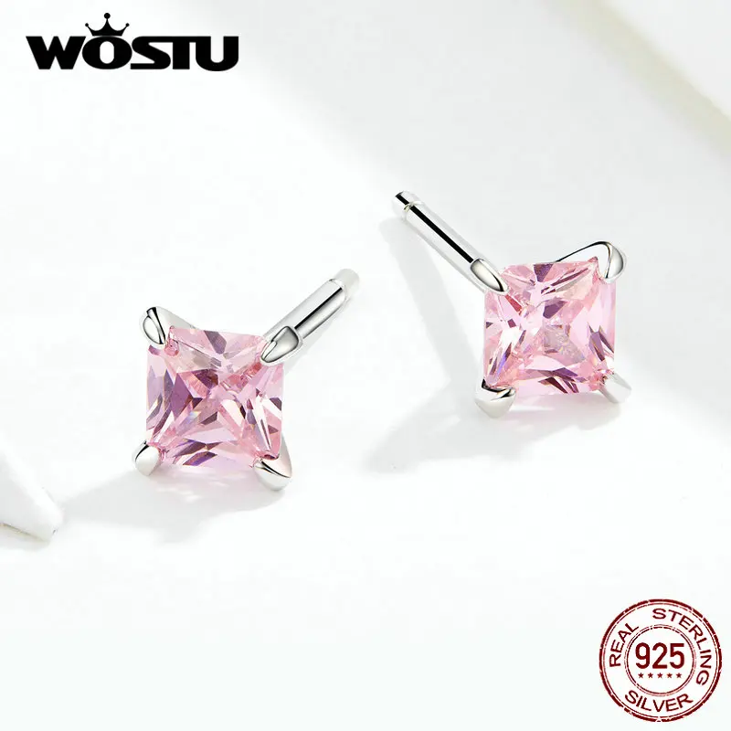 WOSTU, подлинные 925 пробы, серебряные, Розовые Квадратные циркониевые серьги-гвоздики для женщин, свадебные маленькие серьги, ювелирные изделия для помолвки FIE660