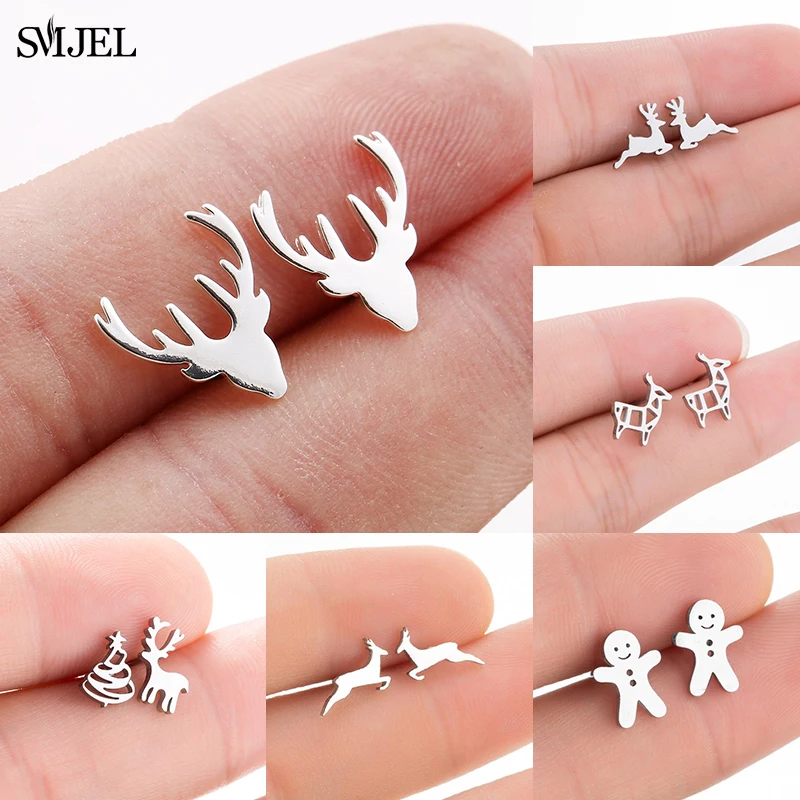 Niedliche Edelstahl-Hirsch-Ohrringe Mädchen Mode Weihnachten Rentier-Ohrstecker Baum Schneeflocke Fledermaus Wolf Schmuck Weihnachtsgeschenk