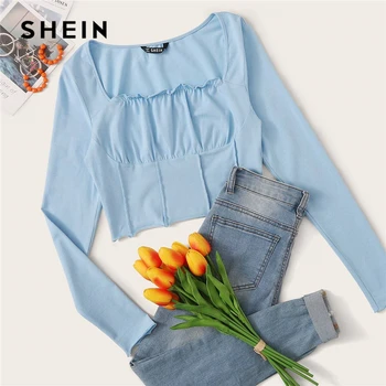 

SHEIN Solid Lettuce Trim Crinkle Front Fitted Sexy Crop Tee Women Tops Spring Square Neck Long Sleeve Laides Skinny T-Shirts