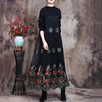 

Winter Large Size Women's Knitting Lace Embroidery Splicing Slim Net Yarn Temperament Dress
