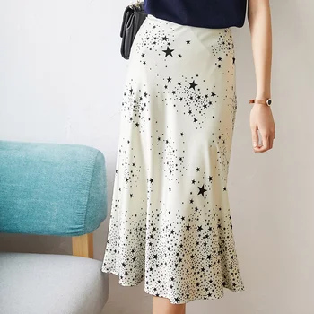 

Luxury Design European Women Elegant All-match A-line Satin Dress Stars Printing Summer High Waist Lady Fashion Skirts Saia