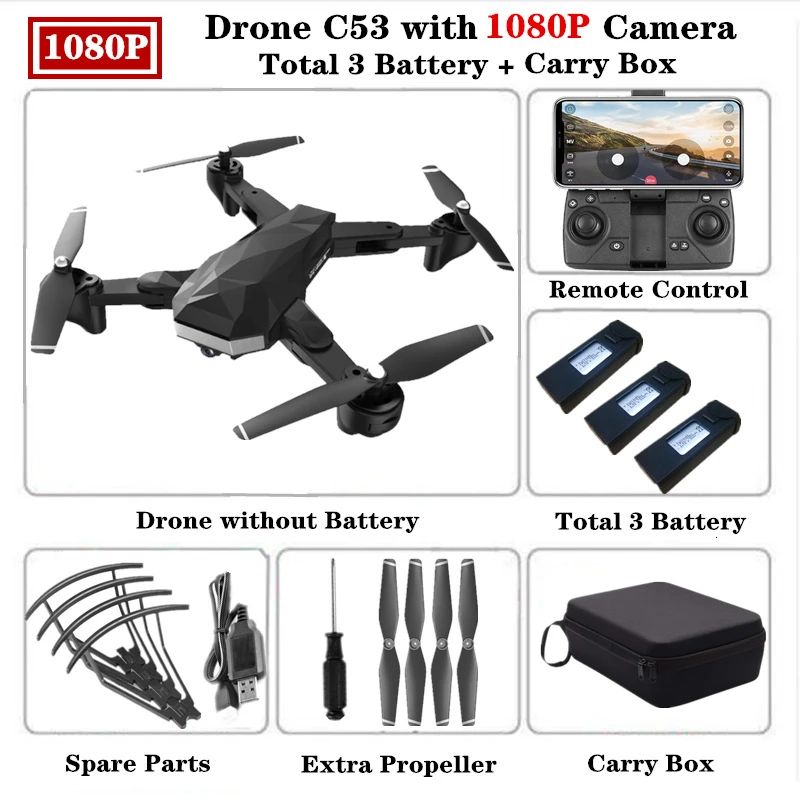 RC Drone C53 складной Дроны для селфи с 4K HD Двойная камера оптический поток следующий Квадрокоптер VS XS809S XS812 Вертолет игрушка - Цвет: 1080P-Carry Box-3