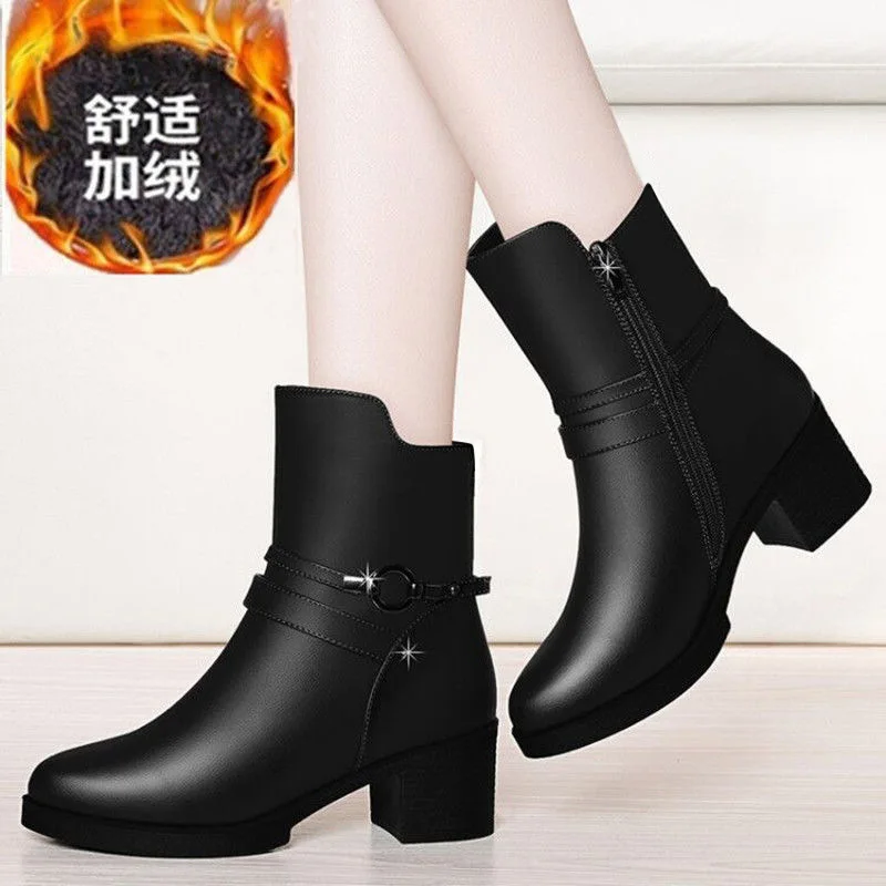 Women's Ankle Boots Leather Short Boot Lady Winter High Heel Shoes 