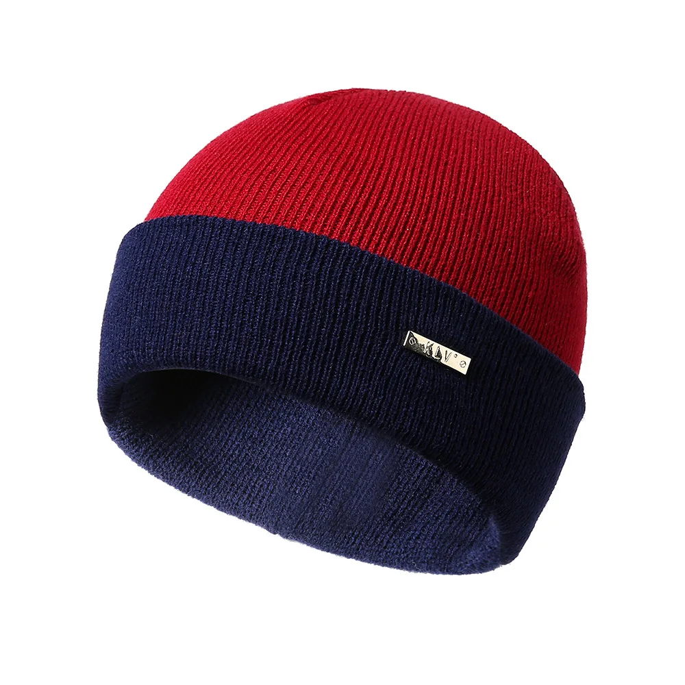 Unisex Common Beanies Double-sided Contrast Acrylic Yellow Knit Cap Ski Jumper hats for Women Brimless Cap Autumn And Winter - Color: Navy Blue