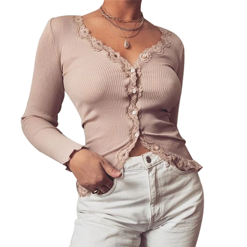 Женский вязаный кардиган с v-образным вырезом и длинными рукавами, Дамский джемпер, пуловер, топы, кружевная Элегантная блузка, осенняя тонкая рубашка, модная одежда, новинка