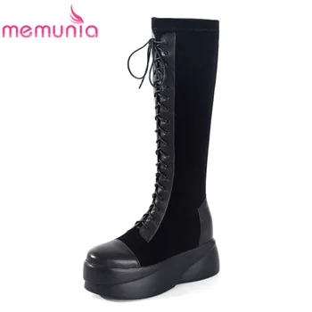 

MEMUNIA 2020 hot sale flat platform shoes women knee high boots genuine leather +flock lace up fashion sexy casual shoes woman