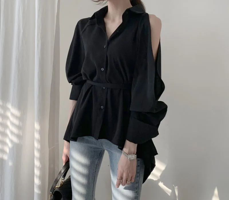 con hombros descubiertos para mujer, camisa elegante con cuello vuelto, color liso, para y verano, 2021|Blusas y camisas| - AliExpress