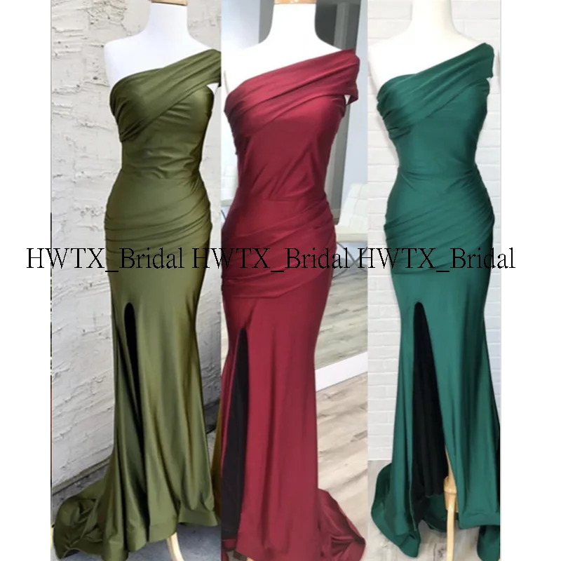 HWTX_Bridal, новинка, платья подружки невесты на одно плечо, сексуальные разрезы, длинное платье русалки для свадебной вечеринки, vestidos de fiesta de noche