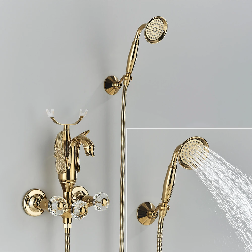 Luxury Gold Swan Bathtub Faucet Crystal Handle  Bath Sets with Hand Shower Hot Cold Mixer Tap For Bathroom Wall Mounted 4