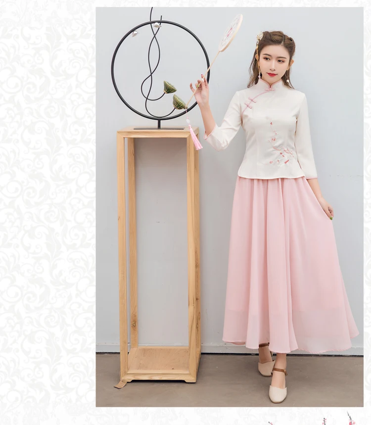 Традиционный китайский Hanfu одежда для женщин Qipao юбки Cheongsam топы новогодние винтажные футболки костюм Тан сценические Платья для вечеринок