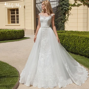 

Adoly Mey Gorgeous Appliques Detachable Train Mermaid Wedding Dresses 2020 Elegant Scoop Neck Cap Sleeve Lace Trumpet Bride Gown