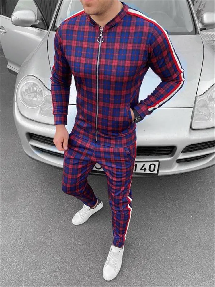 

New Autumn Tracksuit Set Fashion Jackets Men Tracksuit Sets Mens Pocket set Colorful Plaid Men Casual Zipper Set Male Sweatshirt