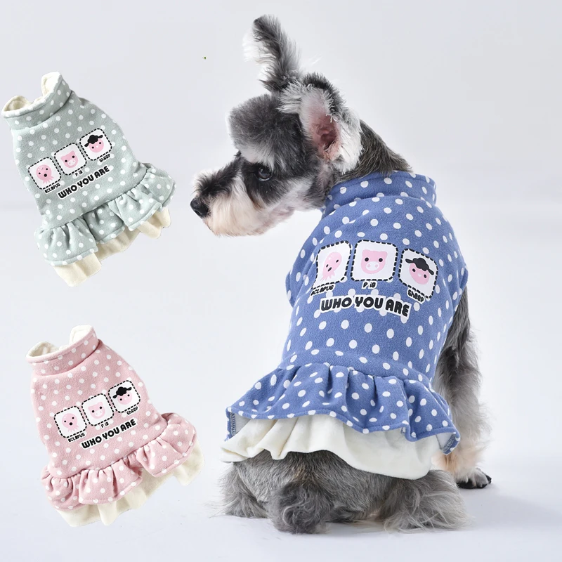 Платья для девочек в белый горошек с принтом собаки зимняя Удобная теплая юбка