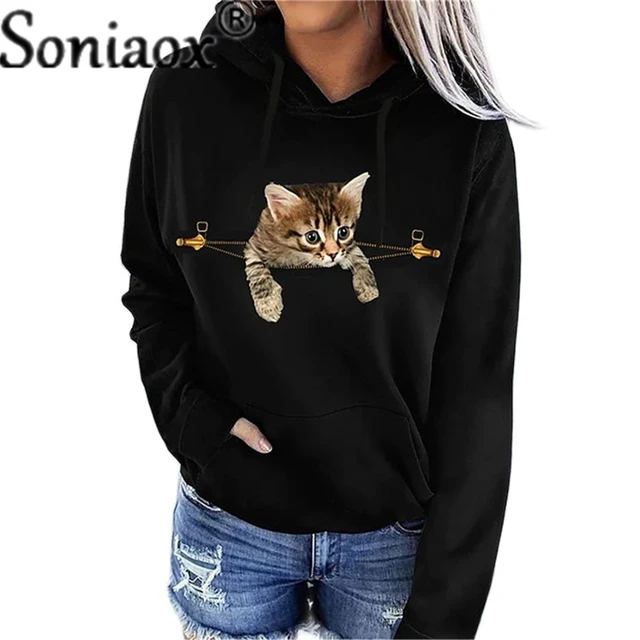 Camisola de manga comprida estampada para gato feminina, Hoodies