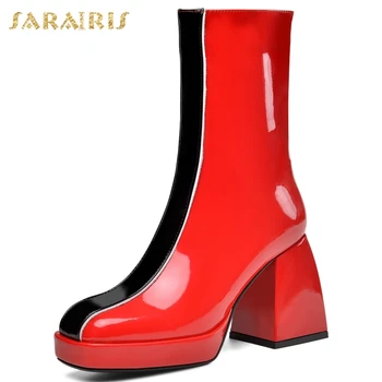 

SARAIRIS Brand New Plus Size 43 Fashion Brand Densign Patent Leather High Heels Winter Women Shoes Boots