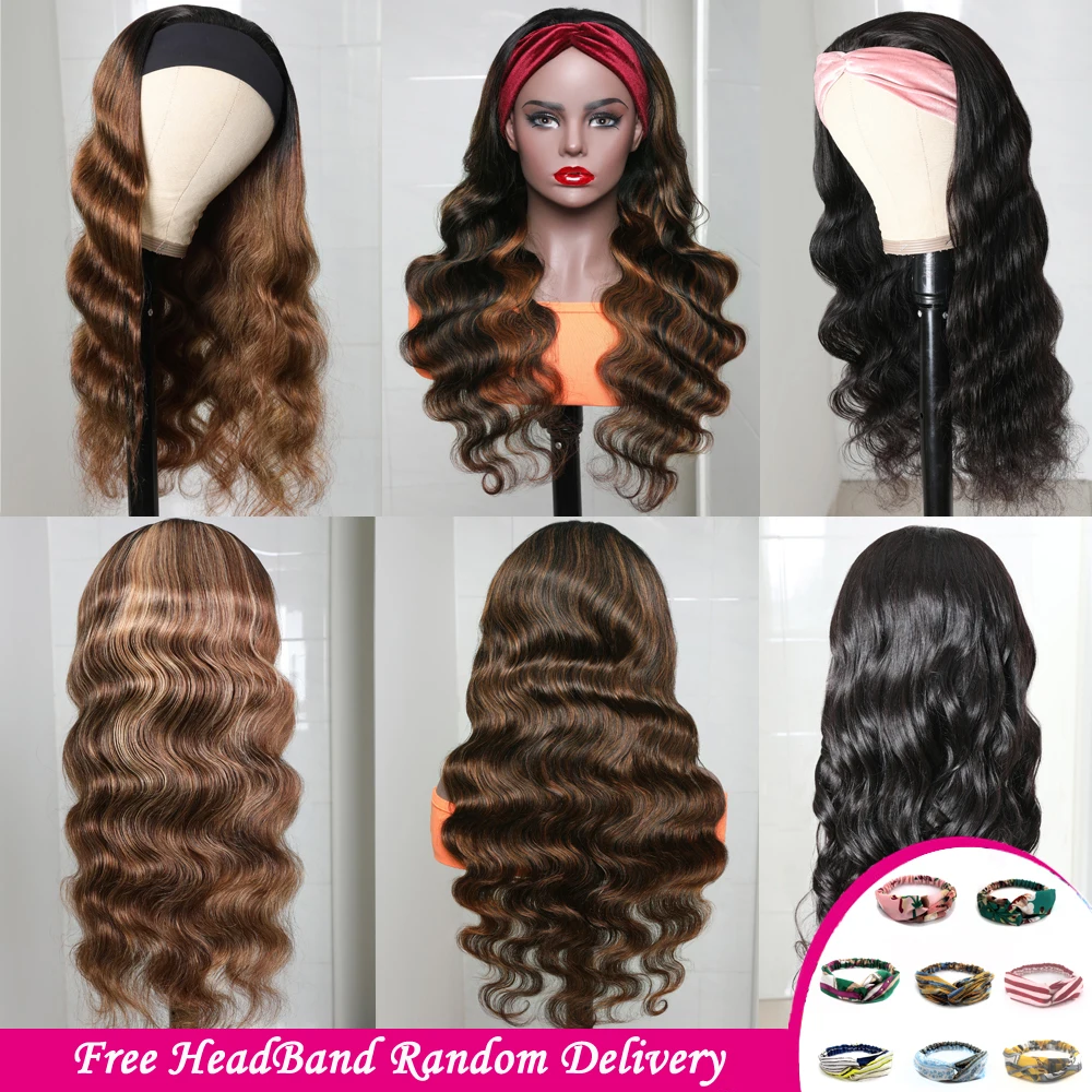 Bronde Hair Headband Wig Balayage Highlight Body Wave Glueless Human Hair Wigs Ali Julia Ombre Highlight Hair Headband Scarf Wig 5