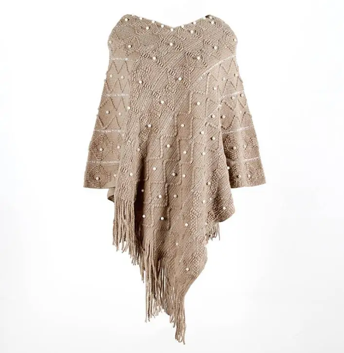 Хаки Women's V-Neck knitted winter sweater women knit Loose pullover tassel pull femme Pearl beaded oversized sweater cape s228 - Цвет: Хаки