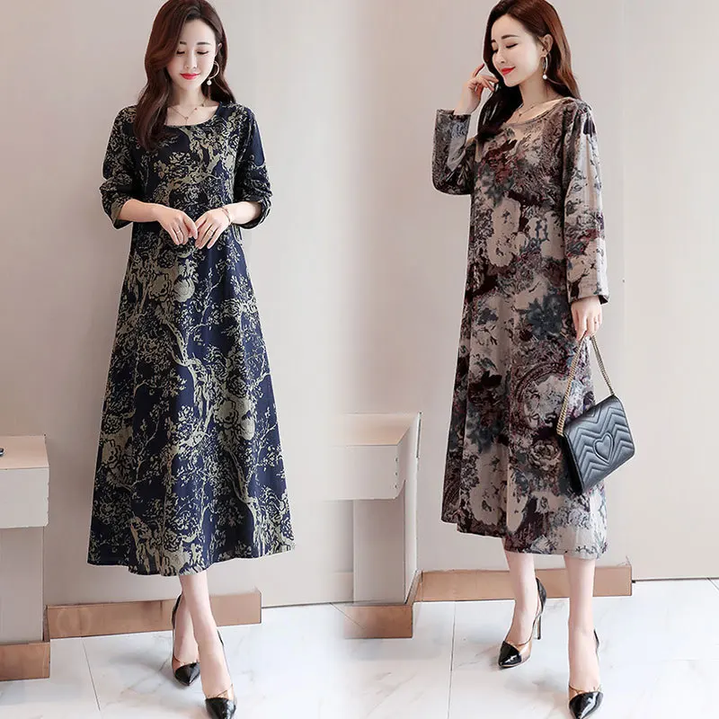 

2020 Dress Women's Autumn New Style Debutante Loose And Plus-sized Printed Slimming Long Sleeve over-the-Knee Medium-length Dres