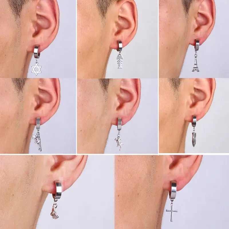 

8Pcs Punk Ear Clip Non-piercing Clip on Earring Cross Titanium Steel Jewelry DXAA