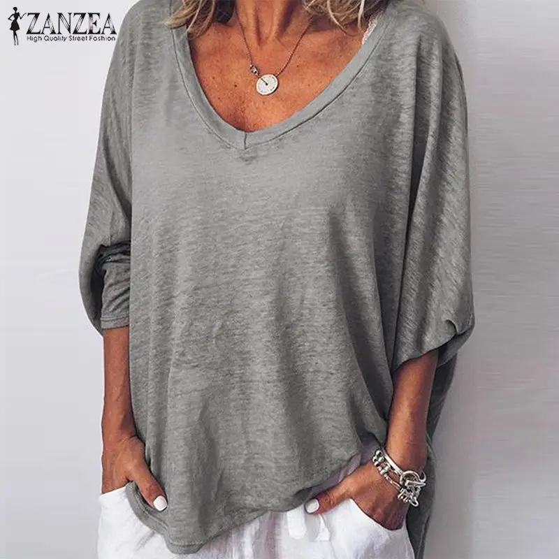  ZANZEA 2019 Autumn Long Sleeve Blouse Women V Neck Casual Solid Shirts Femininas Loose Tops Tunic P