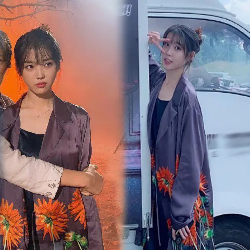 IU De Luna, стиль знаменитостей, Свободный плащ средней длины, пальто в стиле ретро с принтом подсолнуха, осенняя одежда