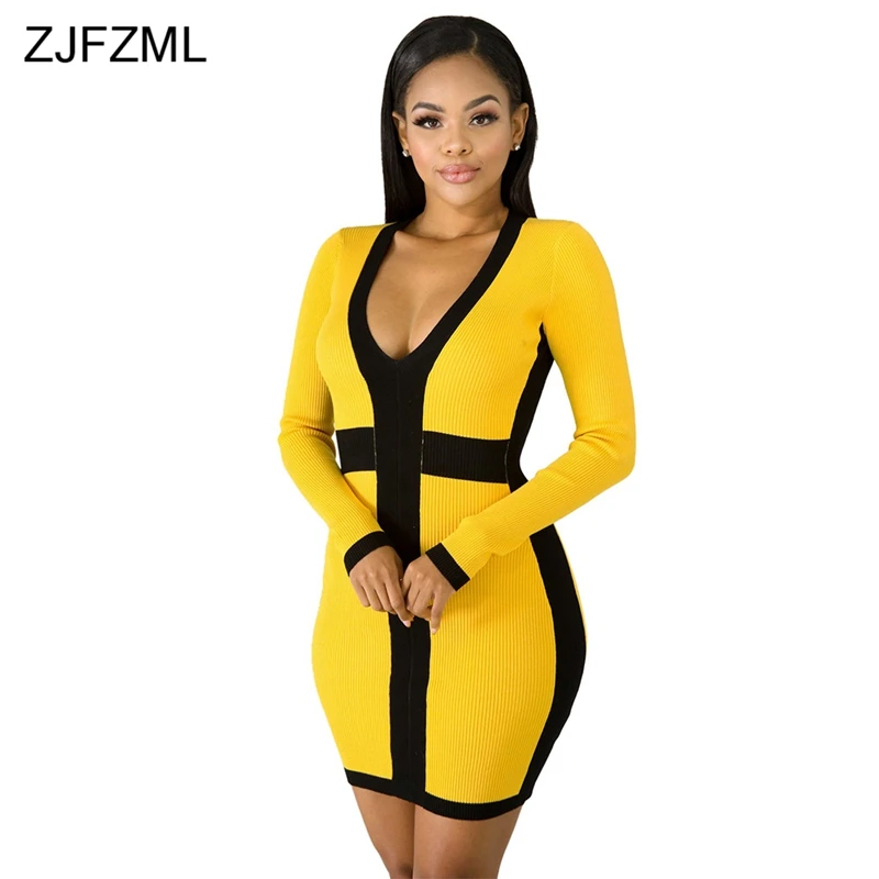 

Ribbed Long Sleeve Elegant Mini Dress For Women Deep V-Neck Contrast Color Bandage Dress Casual Yellow Black Night Club Dresses