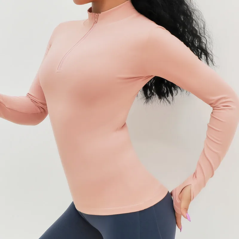 Pink SALSPOR, сексуальные женские одноцветные рубашки для йоги, на молнии, с длинным рукавом, спортивная рубашка для спортзала, Женская быстросохнущая облегающая одежда для фитнеса, топы для тренировок - Цвет: Pink