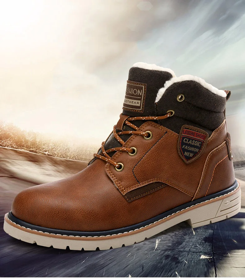 Winter Boots Men High Quality Leather With Fur Plush Casual Ankle Warm High Top Shoes Men Winter