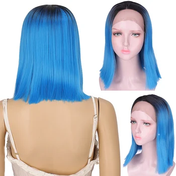 

XUANGUANG Dark Root Ombre Blue Colorful Short Hair Blogger Daily Makeup Glueless Synthetic Lace Front Wedding Party Wigs