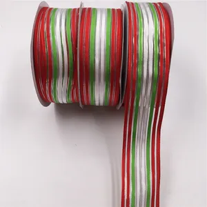 25Yards 38mm Wired Edge Red Green White Stripes Ribbon with Silver Line for Birthday Christmas Gift Box Wrapping Decoration DIY