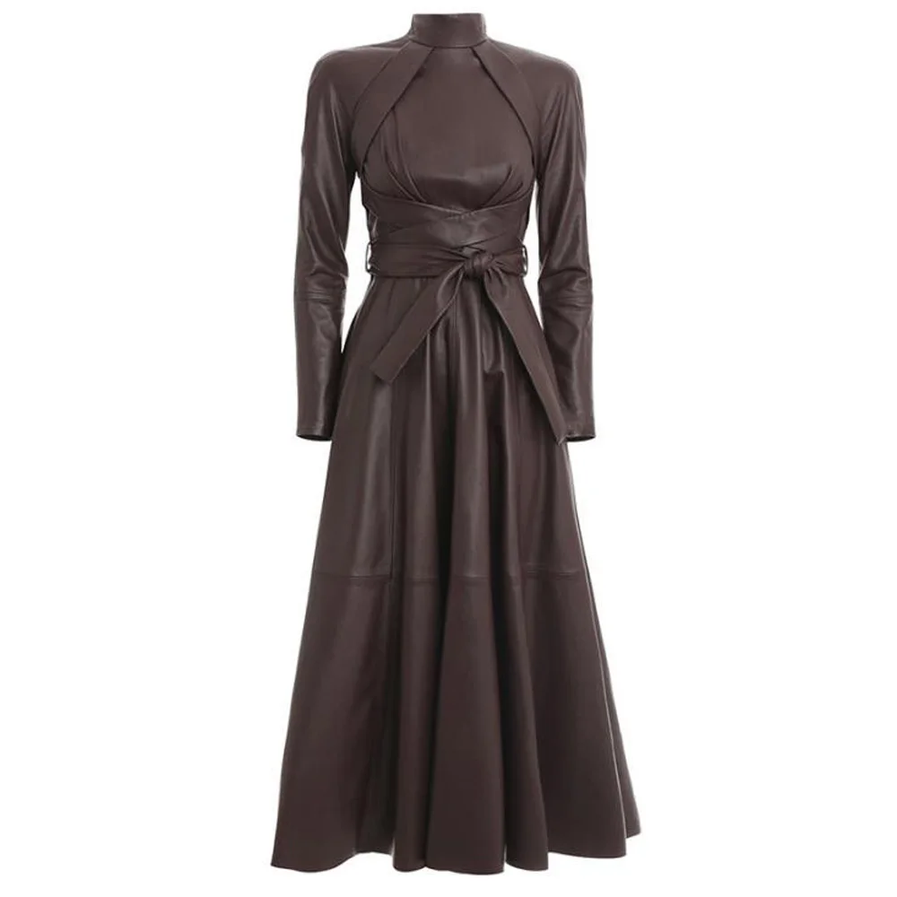 Brown Dress Черное коричневое средневековое женское платье из искусственной кожи, Ретро стиль, подиум, осень, длинный рукав, высокая талия, пояс, искусственная кожа, длинное платье макси, халаты - Цвет: Brown Dress