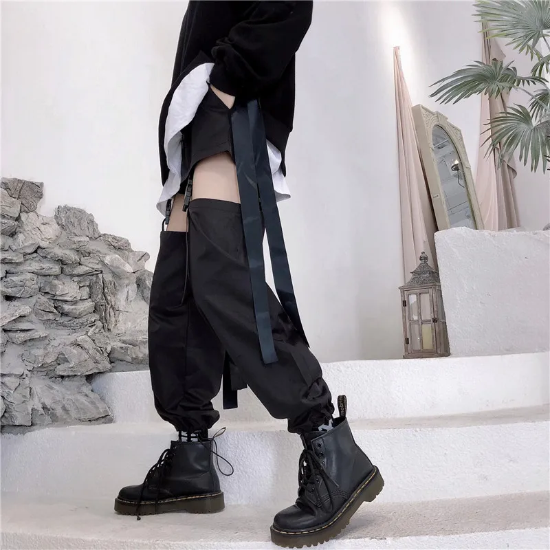 Женские готические брюки карго черные свободные в стиле хип хоп с пряжкой и