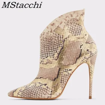 

MStacchi Ankle Boots For Women Pointed Toe Stiletto Boots Fashion Snakeskin Side Zipper Women Boots New Style High Heel Boots
