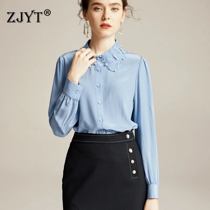 

100% Silk Blouses for Women 2020 Spring New Elegant Lady Long Sleeve Pearls Collar SOlid Office Work Blouses and Shirts Tops