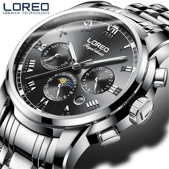 Luxury Brand Moon Phase Men Automatic Mechanical Swimming Waterproof Watch Sapphire Crystal Steel Luminous Business Wristwatch - Цвет: 3
