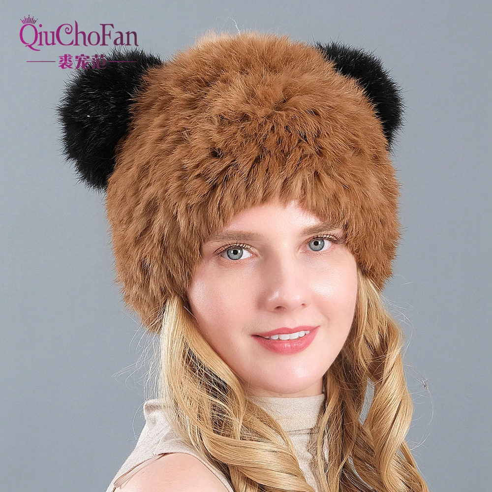 

New Fashion Good Quality Female Winter Women's Vertical Weaving Hat Genuine Natural Rabbit Fur Cap Lovely Cat Ears Style Hats