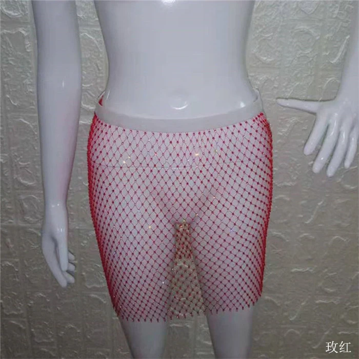 Women Hollow Out Diamonds Skirt Sexy See Through Grid Mini Skirt Summer Beach Cover Up Fashion Patchwork Party Club Skirts - Цвет: Розово-красный