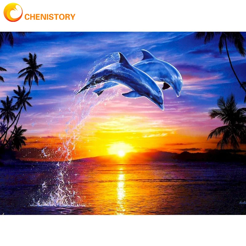 CHENISTORY Diamond Embroidery Scenery 5D Dolphins Diamond Painting Kit Animals Full Square Round Drill Mosaic Sale Home Decor 