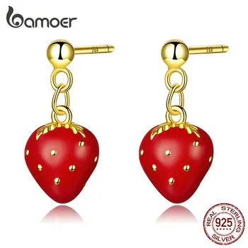 

bamoer Red Strawberry Tiny Korean Dangle Earrings Girl 3D Golden Silver 925 Jewelry Sterling Silver Drop Earrings SCE741