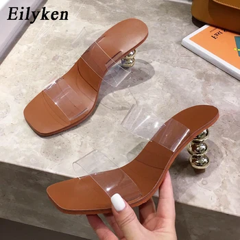 

Eilyken 2020 New Fashion Summer Women Gladiator Slippers Sexy Transparent PVC Square Toe Strange Heel Ladies Mules Casual Shoes