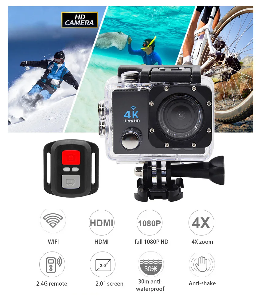 Оригинальная экшн-камера H60 Ultra HD 4K WiFi 1080P 2,0 lcd 170D объектив Шлем DV камера 30 м водонепроницаемая Спортивная камера go pro