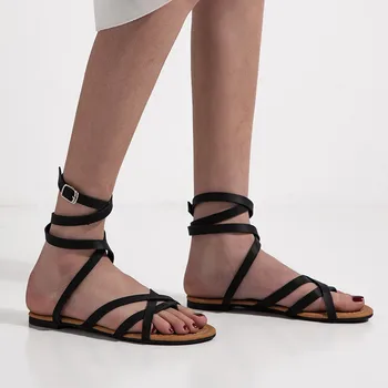 

2020 Summer Flat Heel Sandal Black Brown Ankle buckle Cross Strap Gladiator Sandals Women Summer Beach Ladies Shoes 43