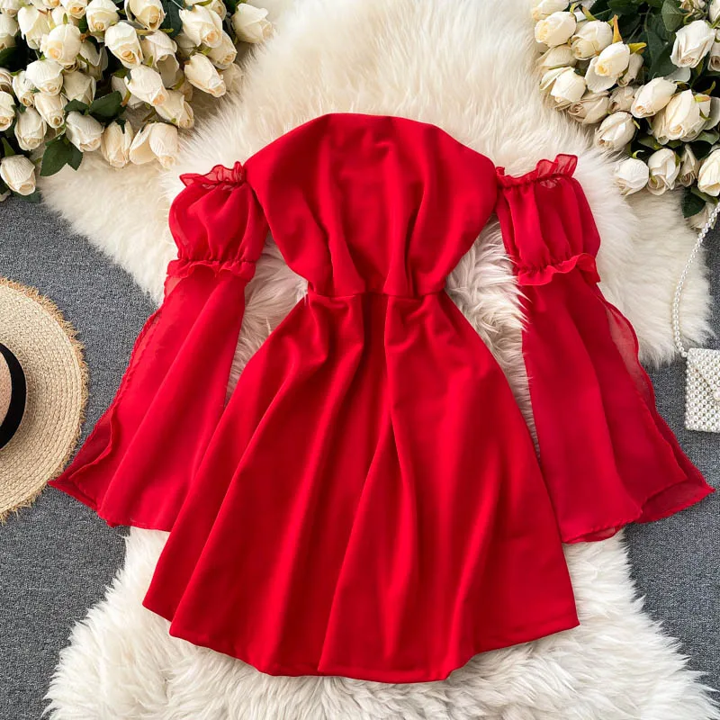 

New Design Nightclub Women's Dress Split Flared Sleeves Sexy Strapless Open Back Female Vestidos PL608