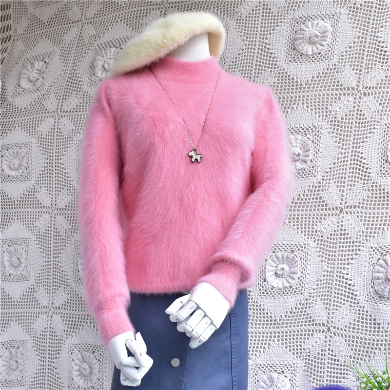 

lady women autumn plush loose angora rabbit fur turtleneck long sleeves basic bottoming sweater mink cashmere pullover winter