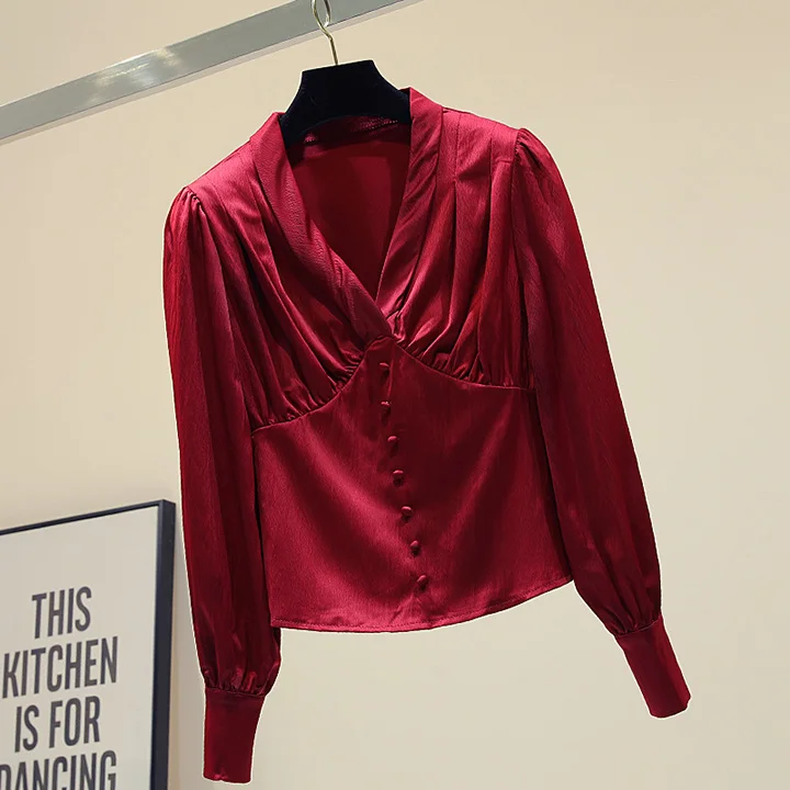 Высококачественная женская изящная рубашка с v-образным вырезом и рукавом-фонариком, элегантные женские топы, осенняя атласная блузка, сорочка Blusa Mujer, бренд - Цвет: Бургундия