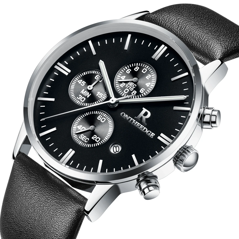 

ONTHEEDGE Chronograph Men Watch Waterproof Luxury Brand Mens Quartz Watches Man Business Clock Male Vogue Leather Hours hodinky