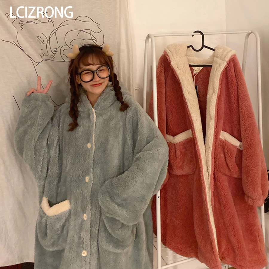 

Winter Warm Loose Hooded Bathrobe Women Thick Long Sleeve Midi Robes Coral Fleece Button Dressing Gown Women Home Clothes