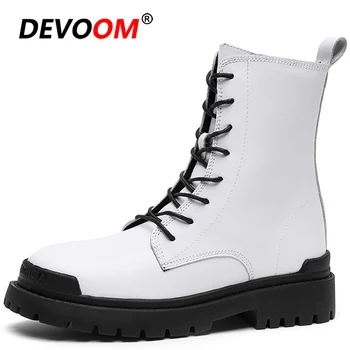 

2020 Women Ankle Boots Unisex Genuine Leather Black White Platform Shoes Woman Chunky Women Winter Boots Waterproof Cowboy Boots