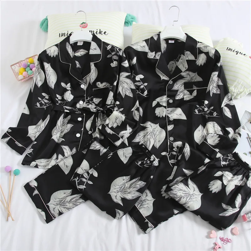 

Couple Black Print Pjamas Set Stain Lovers' 2 PCS Shirt&Pant Silky 2PCS Sleepwear Nightwear Casual Female Sleep Set Home Wear
